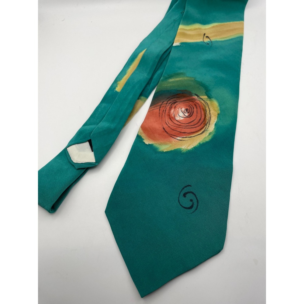 Susan Horton Mens Silk Tie Teal Green Abstract Hand Painted Style Graphic Art